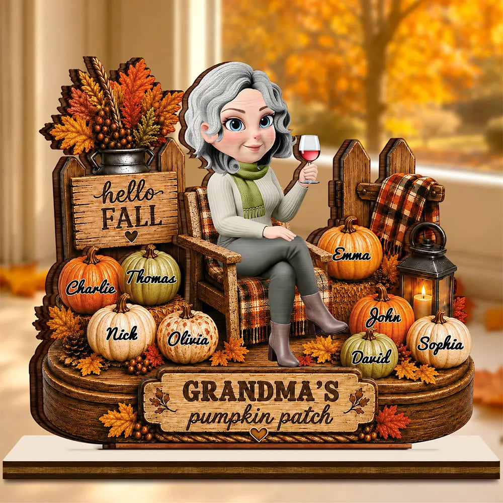 Hello Fall Grandma's Pumpkin Patch - Personalized Custom Shaped Wooden Plaque