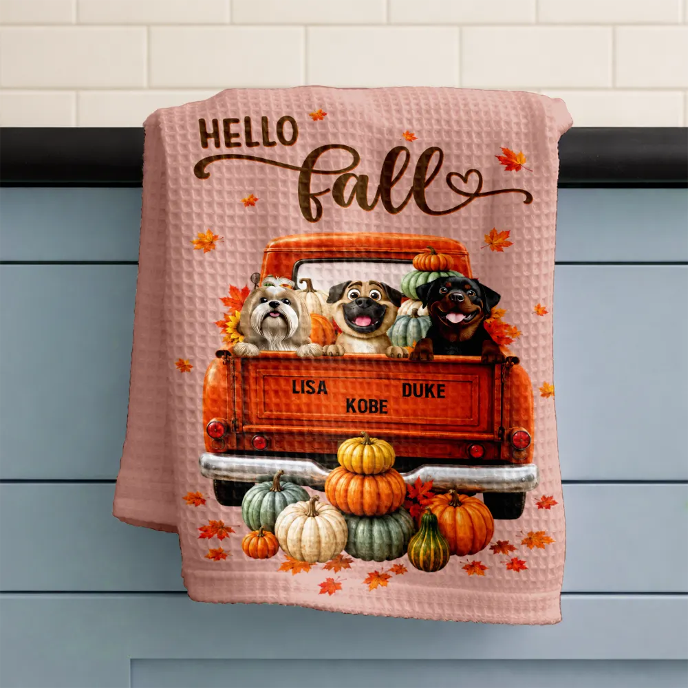 Playful,Pet Lovers,Vector - Hello Fall Pet Pumpkin Truck - Personalized Kitchen Towel
