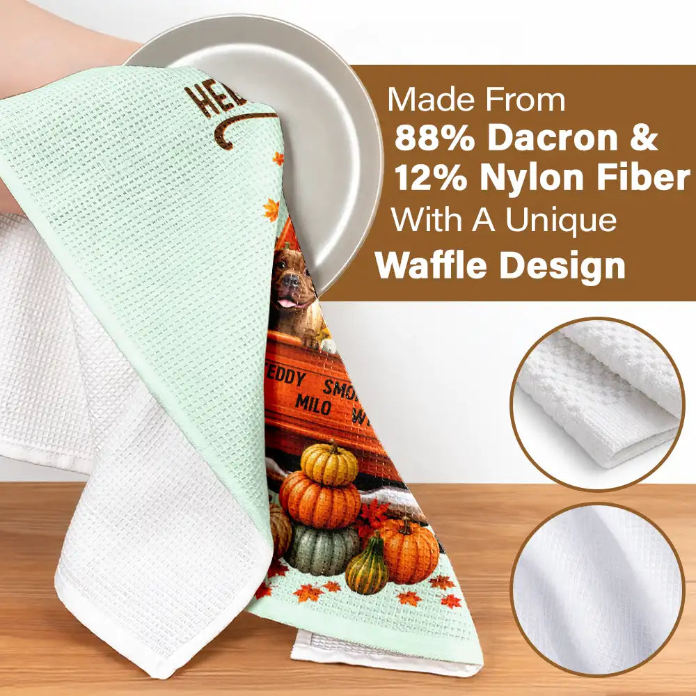 Playful,Pet Lovers,Vector - Hello Fall Pet Pumpkin Truck - Personalized Kitchen Towel