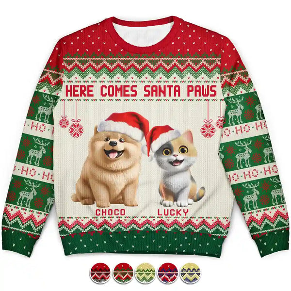 Dog Lovers,Cat Lovers,Pet Lovers,Happy,Christmas - Here Comes Santa Paws 3D Effect Dog Cat - Personalized Unisex Ugly Sweater