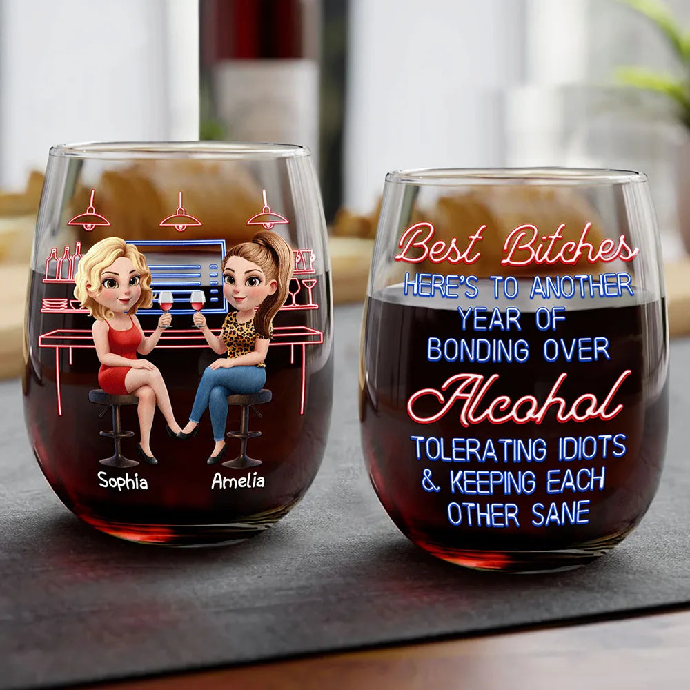 Gift For Bestie,Gifts For Colleagues,Gift For Sisters,Funny,Gift For Sibling - Here's To Another Year Of Bonding Over Alcohol - Personalized Stemless Wine Glass