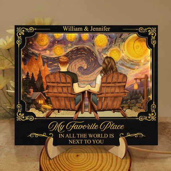 Old Couples,Gift For Couples,Gift For Husband,Gift For Wife,Gift For Boyfriend,Gift For Girlfriend,Love - Holding Hands Couple My Favorite Place Is Next To You - Personalized LED Light Wooden Plaque