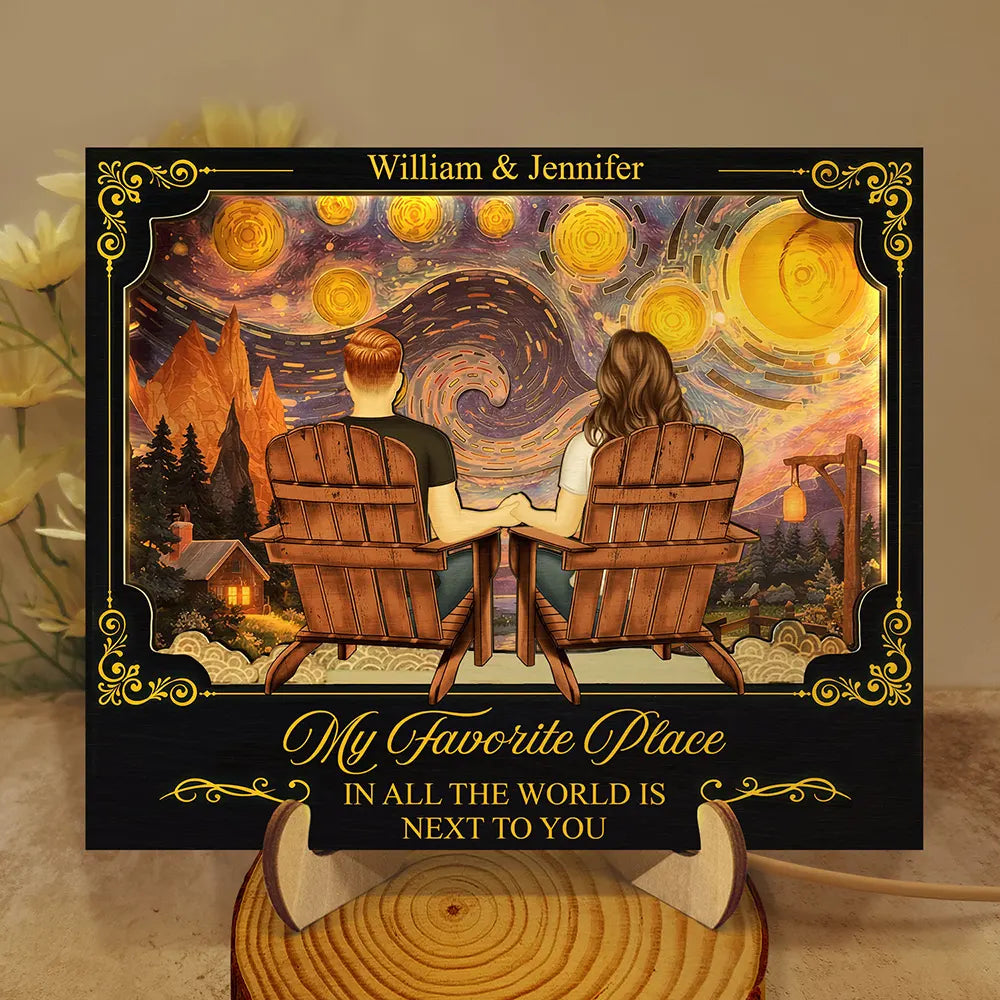Old Couples,Gift For Couples,Gift For Husband,Gift For Wife,Gift For Boyfriend,Gift For Girlfriend,Love - Holding Hands Couple My Favorite Place Is Next To You - Personalized LED Light Wooden Plaque