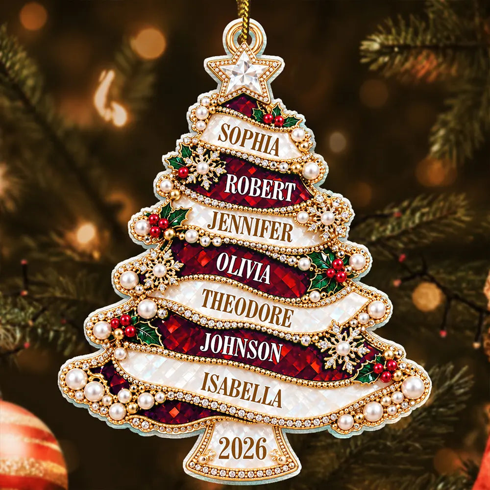 Christmas,Custom Text,Family,Happy,Top Market - Holiday Gift For Family - Personalized Christmas Tree Golden Pearl Acrylic Ornament