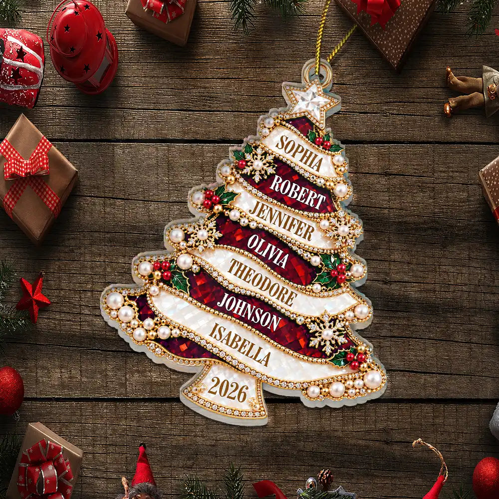 Christmas,Custom Text,Family,Happy,Top Market - Holiday Gift For Family - Personalized Christmas Tree Golden Pearl Acrylic Ornament
