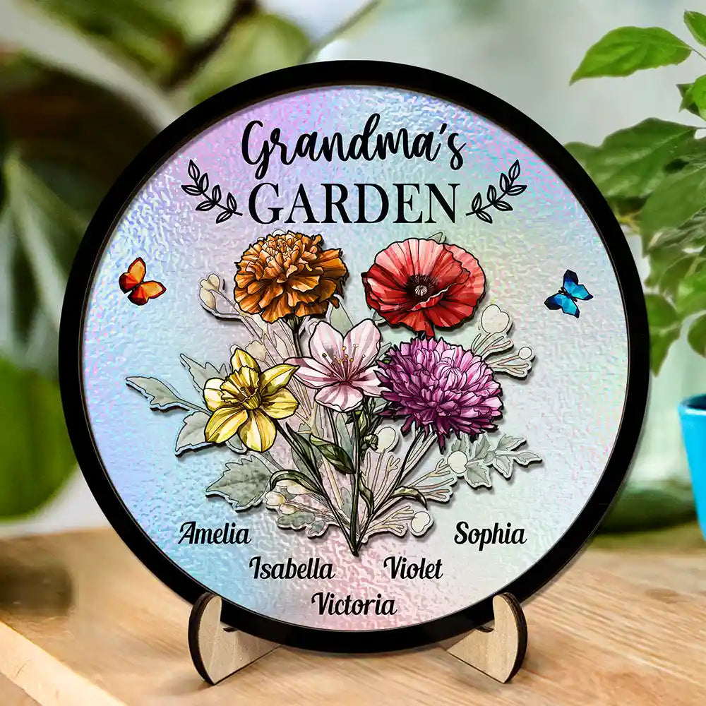 Holography Grandma's Garden Birth Flower - Personalized 2-Layered Wooden Plaque With Stand