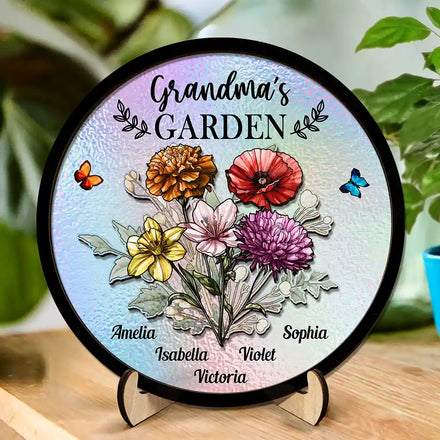 Holography Grandma's Garden Birth Flower - Personalized 2-Layered Wooden Plaque With Stand