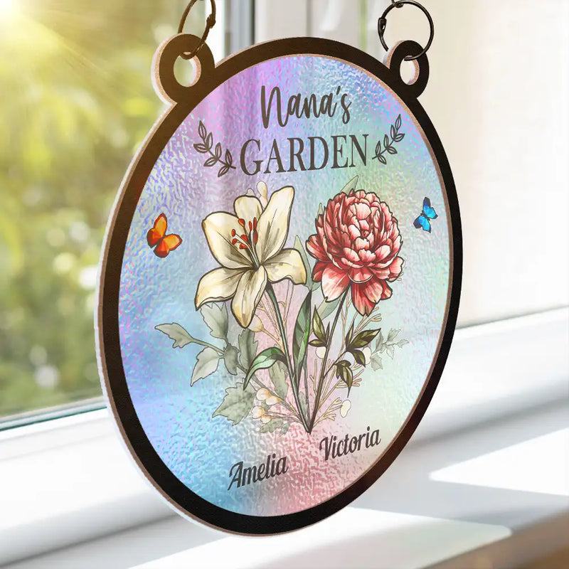 Holography Grandma's Garden Birth Flower - Personalized Window Hanging Suncatcher Ornament