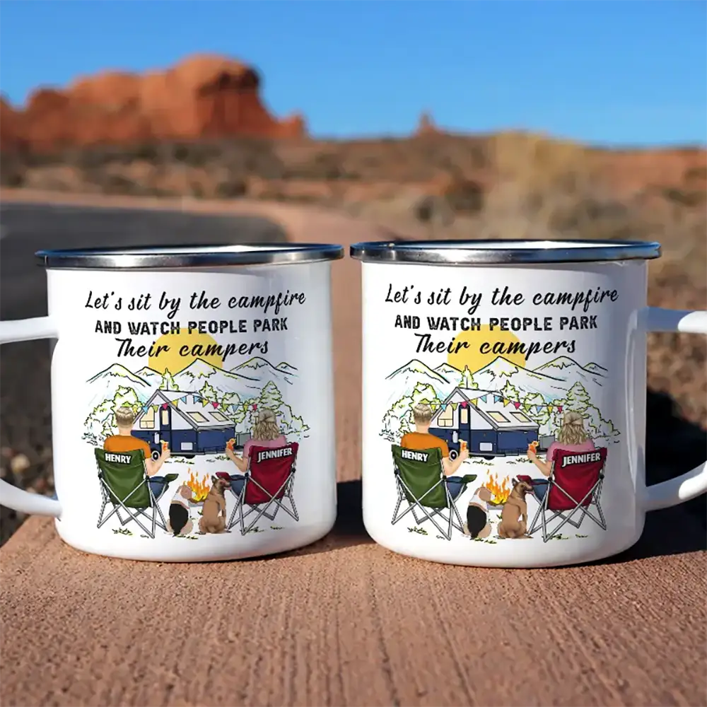 Camping,Campsite,Happy,Gift For Couples,Gift For Husband,Gift For Wife,Gift For Boyfriend,Gift For Girlfriend - Home Is Where We Park It You And Me And The Dogs - Personalized Enamel Mug