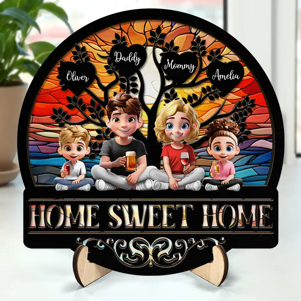Home Sweet Home Family - Personalized 2-Layered Wooden Plaque With Stand