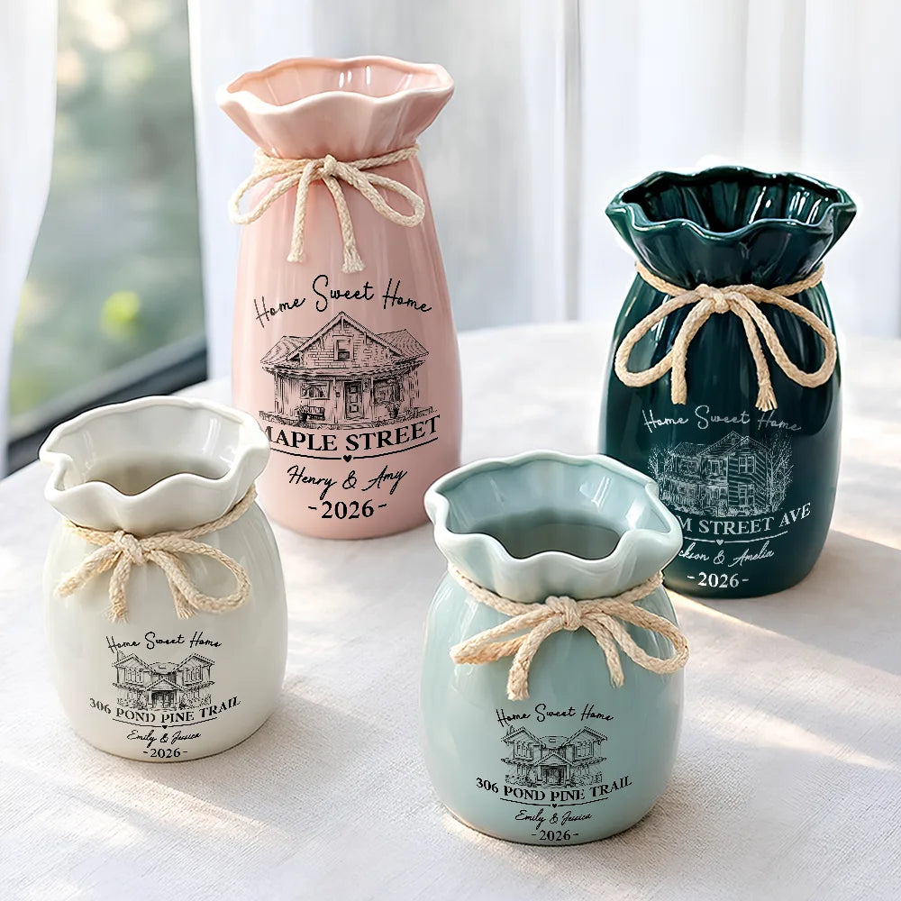 Top Market,Art Design,New House,Cozy,Family,Photo - Pencil Sketch - Remove BG (For Landscape) - Custom Photo Pencil Sketch Home Sweet Home New House - Personalized Ribbon Tie Flower Vase