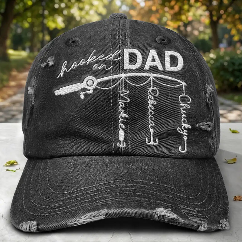 Gift For Father,Gift For Grandpa,Happy - Hooked On Dad Grandpa - Personalized Embroidered Distressed Cap
