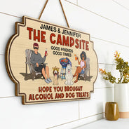 Happy, Dog Lovers, Grilling, Gift For Couples, Dog Couple, Couple's Hobby, Backyard - Hope You Brought Alcohol And Dog Treats Couples Funny Cartoon Dog - Personalized Custom Shaped Wood Sign