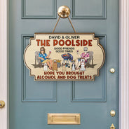 Happy, Dog Lovers, Grilling, Gift For Couples, Dog Couple, Couple's Hobby, Backyard - Hope You Brought Alcohol And Dog Treats Couples Funny Cartoon Dog - Personalized Custom Shaped Wood Sign