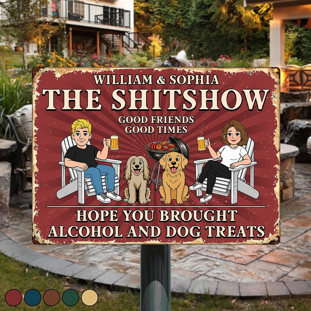 Pet Couple,Humorous,Pet Lovers,Gift For Couples,Vector - Hope You Brought Alcohol And Dog Treats Retro Cartoon Couple - Personalized Classic Metal Signs