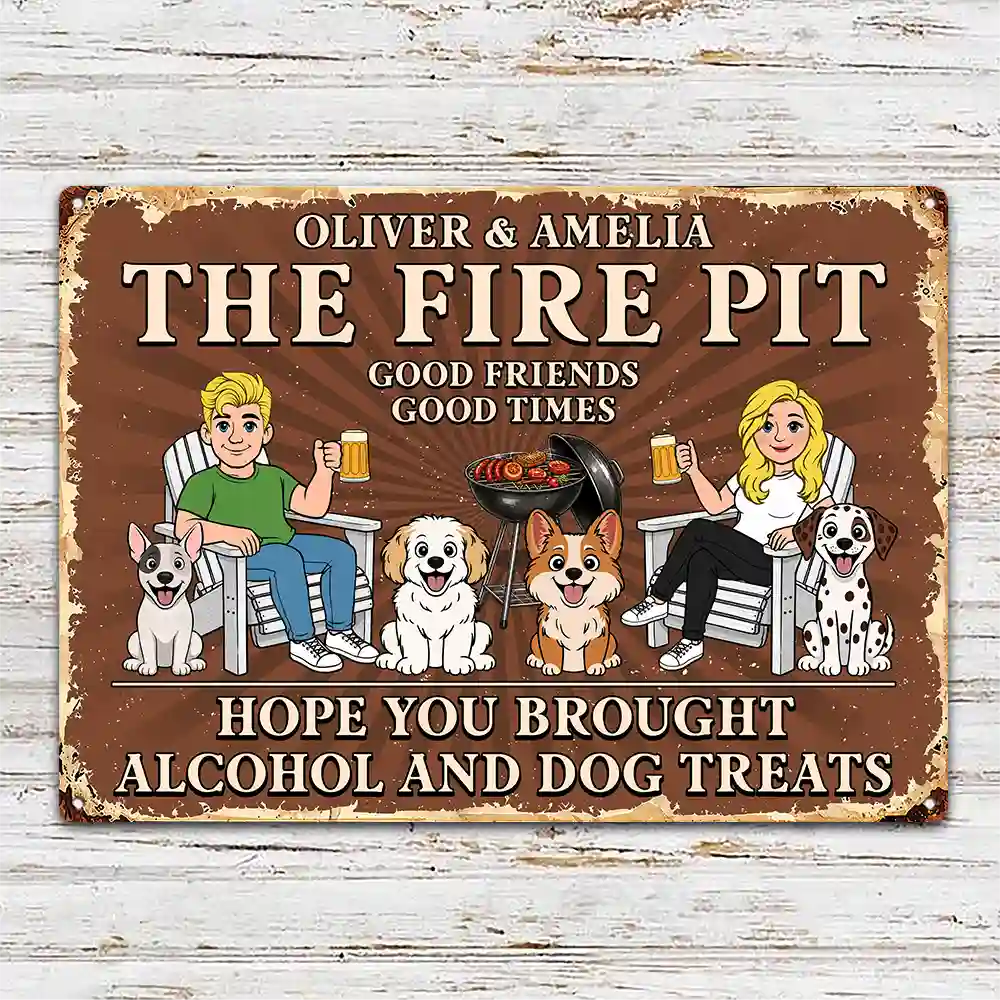 Pet Couple,Humorous,Pet Lovers,Gift For Couples,Vector - Hope You Brought Alcohol And Dog Treats Retro Cartoon Couple - Personalized Classic Metal Signs