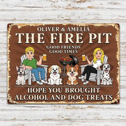Pet Couple,Humorous,Pet Lovers,Gift For Couples,Vector - Hope You Brought Alcohol And Dog Treats Retro Cartoon Couple - Personalized Classic Metal Signs