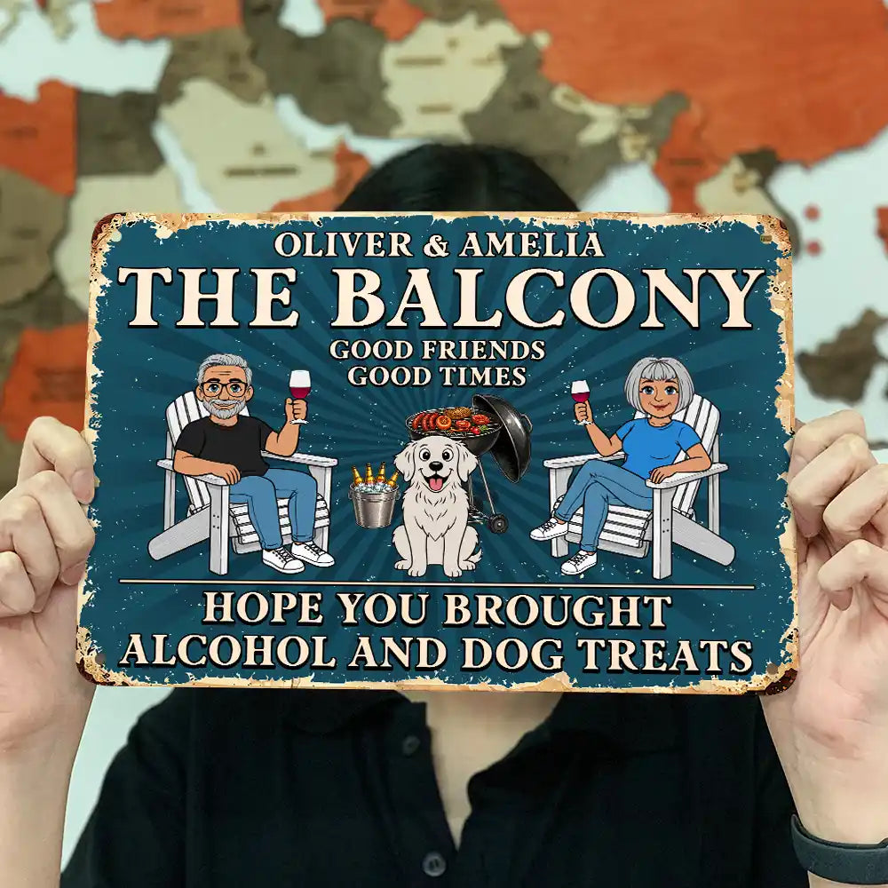 Pet Couple,Humorous,Pet Lovers,Gift For Couples,Vector - Hope You Brought Alcohol And Dog Treats Retro Cartoon Couple - Personalized Classic Metal Signs