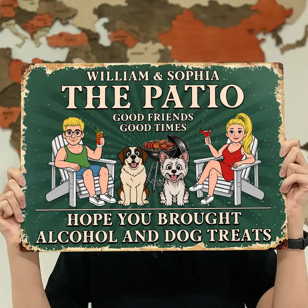 Pet Couple,Humorous,Pet Lovers,Gift For Couples,Vector - Hope You Brought Alcohol And Dog Treats Retro Cartoon Couple - Personalized Classic Metal Signs