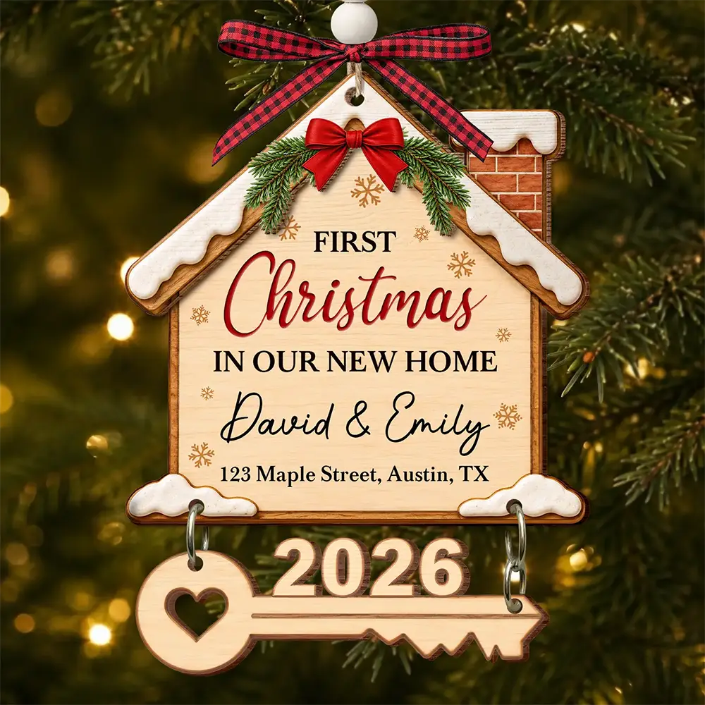Housewarming Gift For Married Couples Friend Family - Personalized First Christmas In Our New Home Wooden Ornament With Tag