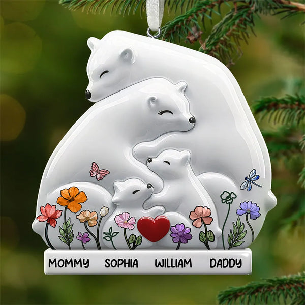 Family,Gift For Couples,Love,Christmas - Hugging Bear Family Toile De Jouy Art - Personalized Embossed Ceramic Ornament