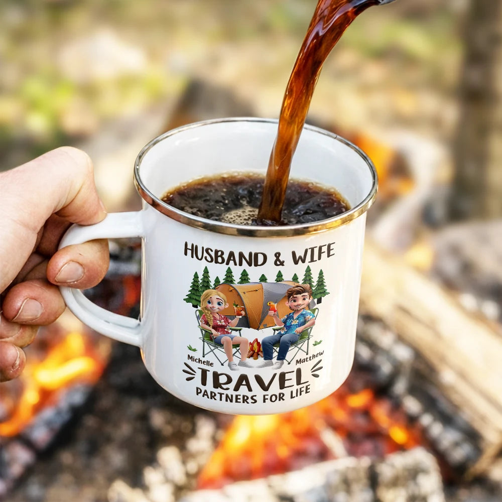 Happy,Gift For Husband,Gift For Wife,Gift For Couples,Camping,Campsite,Couple's Hobby - Husband And Wife Camping Partners For Life - Personalized Enamel Mug