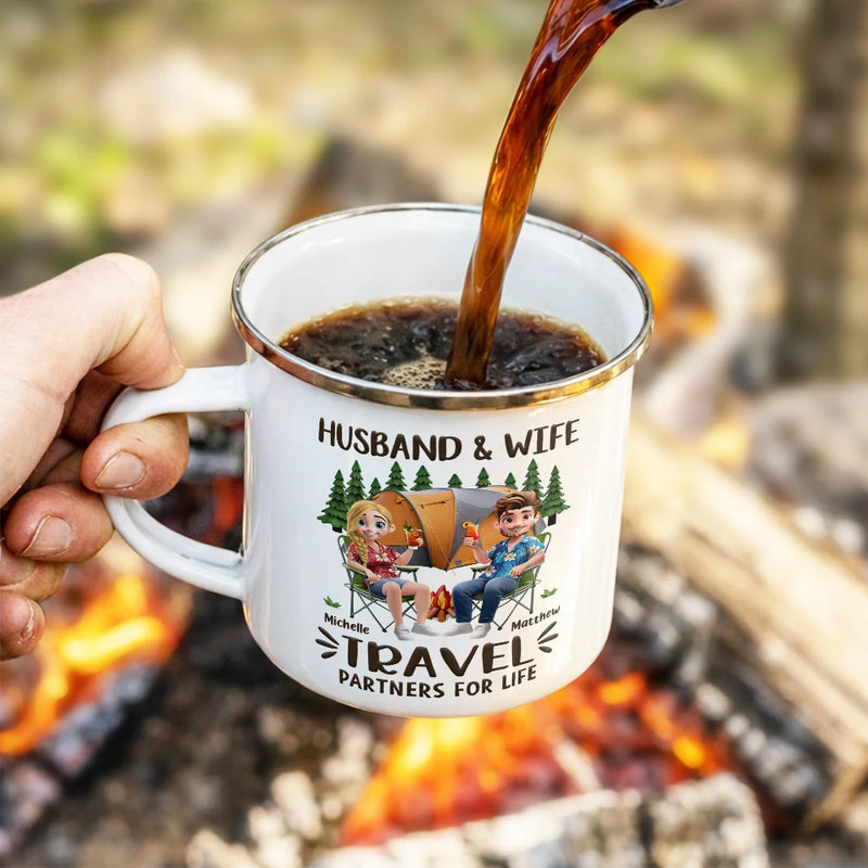 Happy,Gift For Husband,Gift For Wife,Gift For Couples,Camping,Campsite,Couple's Hobby - Husband And Wife Camping Partners For Life - Personalized Enamel Mug
