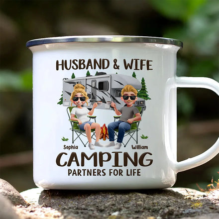 Husband And Wife Camping Partners For Life - Personalized Enamel Mug