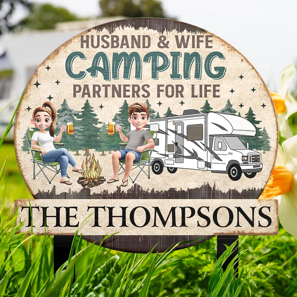 Camping, Campsite, Gift For Couples - Husband And Wife Camping Partners For Life - Personalized Metal Garden Stake