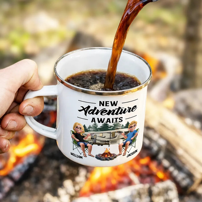 Camping,Campsite,Happy,Gift For Couples,Gift For Husband,Gift For Wife,Gift For Boyfriend,Gift For Girlfriend - Husband & Wife Camping Partners For Life - Personalized Enamel Mug