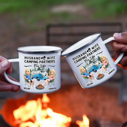 Husband & Wife Camping Partners For Life - Personalized Enamel Mug