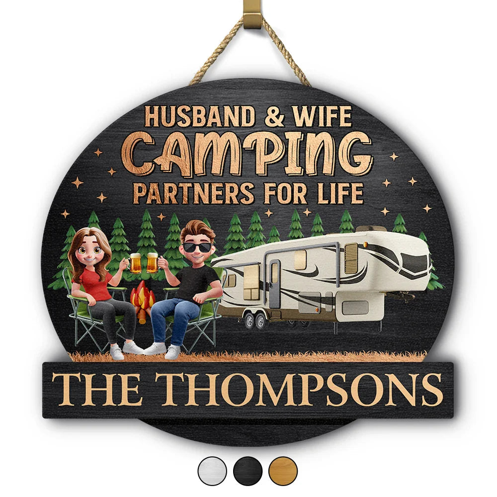 Husband & Wife Camping Partners For Life Couple - Personalized Custom Shaped Wood Sign