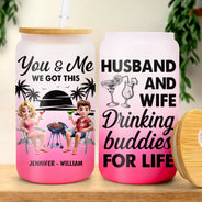 Gift For Couples,Gift For Husband,Gift For Wife,Beach,Summer,Happy - Husband & Wife Drinking Buddies For Life - Personalized Ombre Frosted Glass Can
