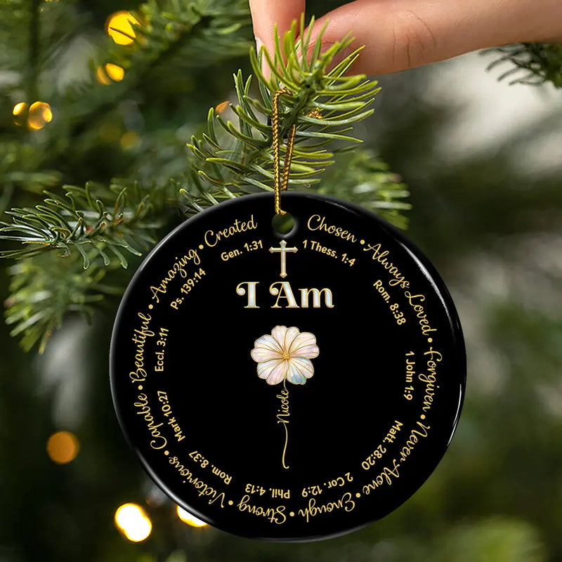 Christmas, Christian, Gift For Yourself - I Am Always Loved Birth Month Flower Nacre Effect - Personalized Circle Ceramic Ornament