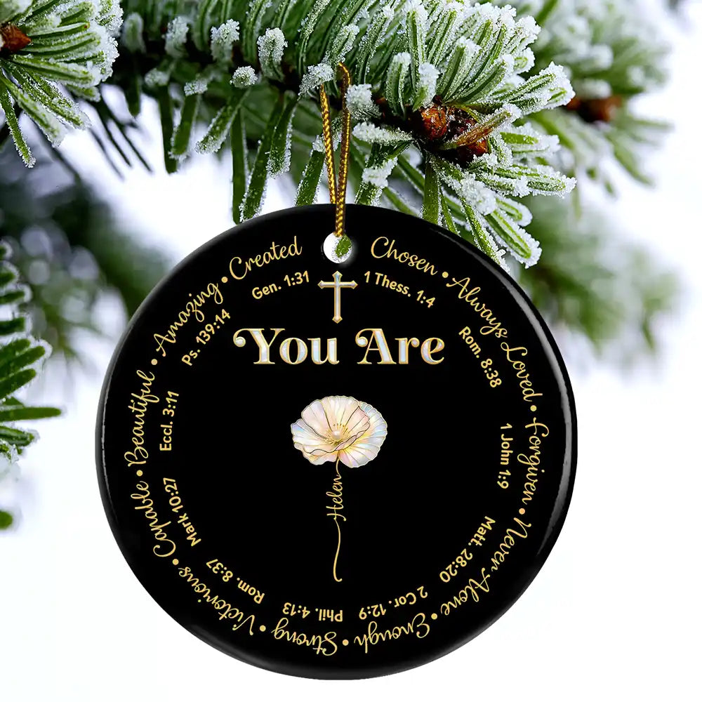 Christmas, Christian, Gift For Yourself - I Am Always Loved Birth Month Flower Nacre Effect - Personalized Circle Ceramic Ornament