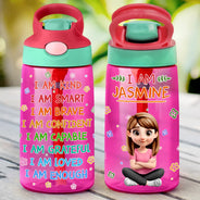 Gift For Kids,Gift For Grandkids,Grandpa - Grandkids,Grandma - Grandkids,Happy - I Am Kind I Am Smart - Personalized Kids Water Bottle With Straw