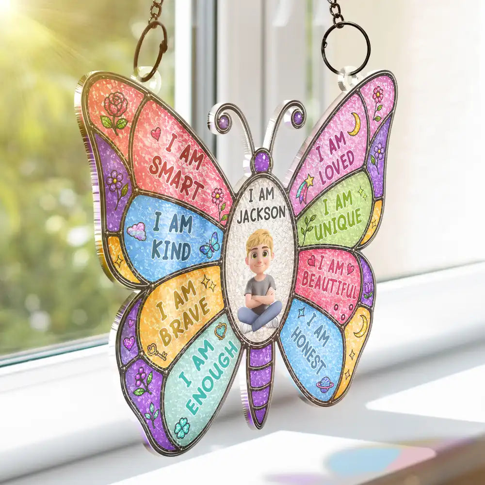 Happy,Gift For Kids,Gift For Grandkids - I Am Smart Kind Brave Butterfly - Personalized Window Hanging Suncatcher Ornament