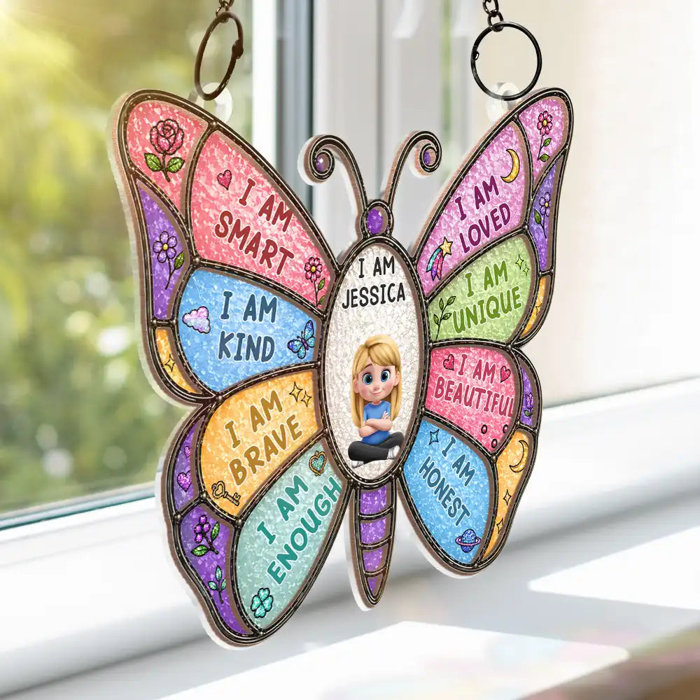 Happy,Gift For Kids,Gift For Grandkids - I Am Smart Kind Brave Butterfly - Personalized Window Hanging Suncatcher Ornament