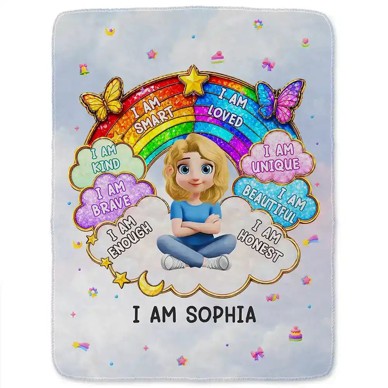 Gift For Kids, Adorable, Vector - I Am Smart Kind Brave Butterfly Flower Rainbow - Personalized Fleece Blanket, Sherpa Blanket