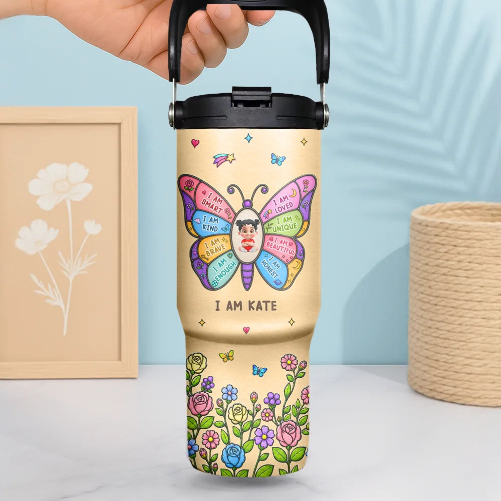 Adorable, Back To School, Gift For Kids, Vector - I Am Smart Kind Brave Butterfly Flower Rainbow - Personalized 30oz Tumbler With Handle