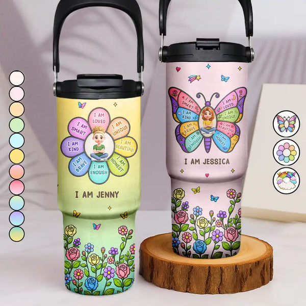 Adorable, Back To School, Gift For Kids, Vector - I Am Smart Kind Brave Butterfly Flower Rainbow - Personalized 30oz Tumbler With Handle