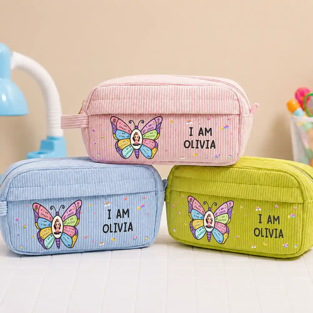 Back To School, Gift For Kids, Adorable, Vector - I Am Smart Kind Brave Butterfly Flower Rainbow - Personalized Corduroy Pencil Case