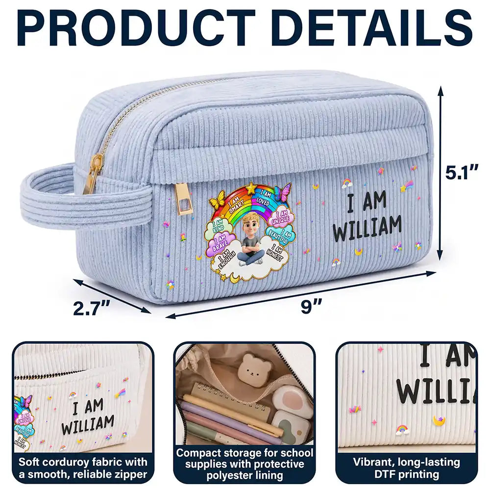 Back To School, Gift For Kids, Adorable, Vector - I Am Smart Kind Brave Butterfly Flower Rainbow - Personalized Corduroy Pencil Case