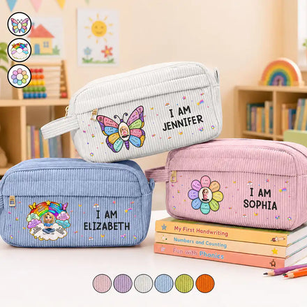 I Am Smart Kind Brave Butterfly Flower Rainbow - Personalized Corduroy Pencil Case