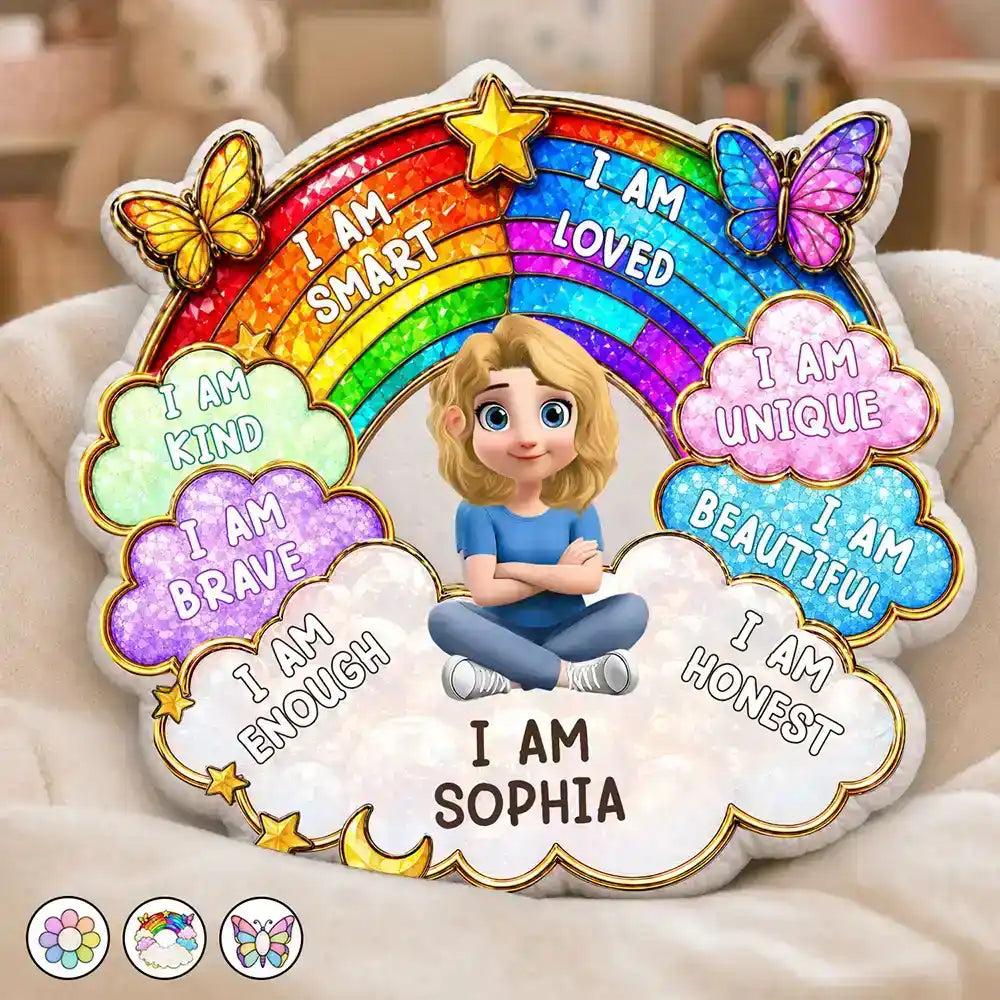Adorable,Back To School,Gift For Kids,Vector - I Am Smart Kind Brave Butterfly Flower Rainbow - Personalized Custom Shaped Pillow