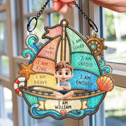 Gift For Kids, Summer, Adorable, Vector - I Am Smart Kind Brave Crab Castle Boat - Personalized Window Hanging Suncatcher Ornament