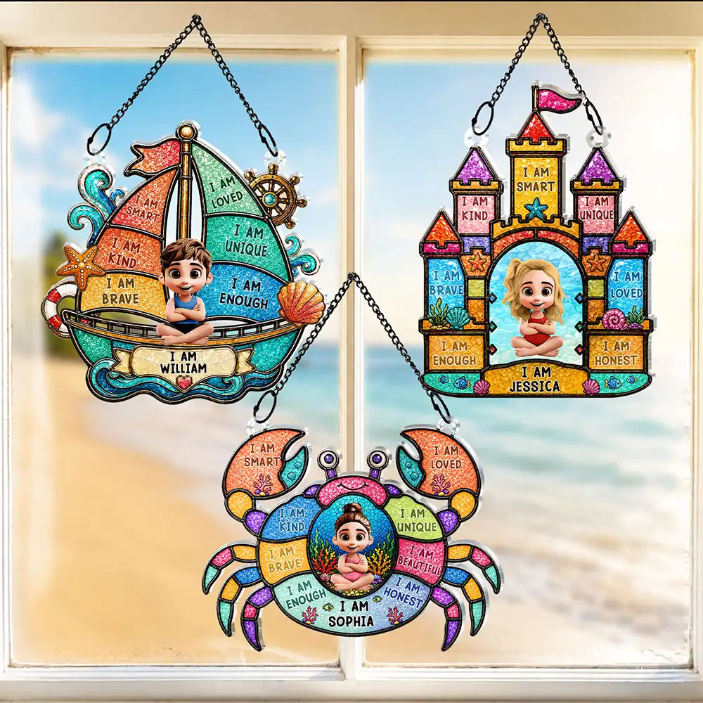 Gift For Kids, Summer, Adorable, Vector - I Am Smart Kind Brave Crab Castle Boat - Personalized Window Hanging Suncatcher Ornament