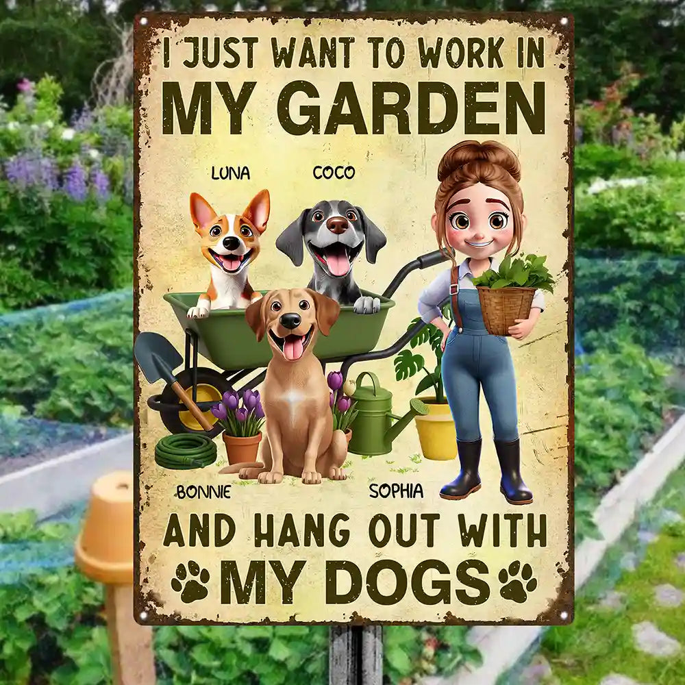 Gardening, Gift For Women, Happy, Pet Lovers, Pet Mom, Dog Lovers, Dog Mom - I Just Want To Work In My Garden - Personalized Classic Metal Signs