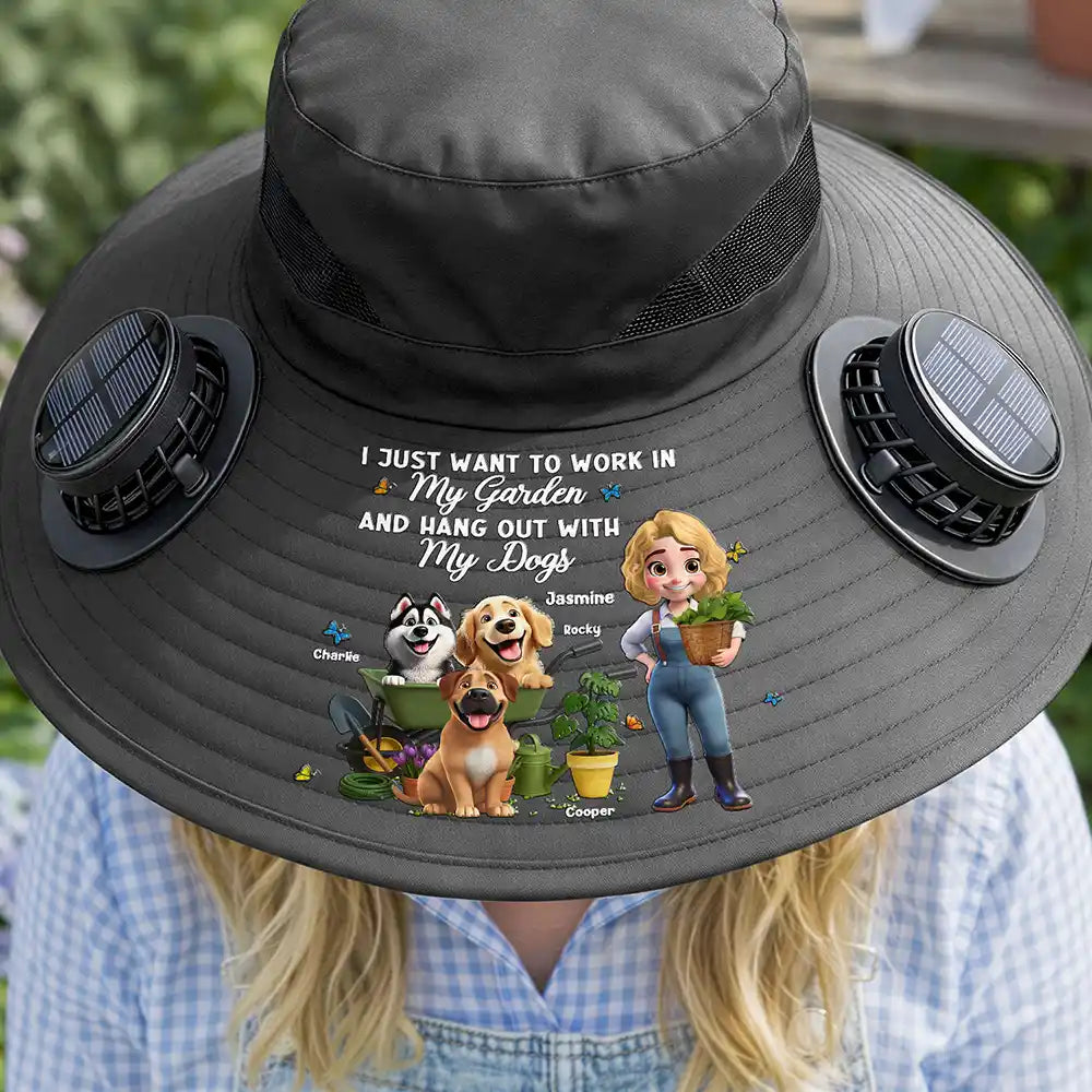 Gift For Yourself,Gift For Women,Gift For Men,Gift For Mother,Gift For Father,Gardening,Happy,Dog Lovers,Dog Mom,Dog Dad,Vector - I Just Want To Work In My Garden - Personalized Solar Fan Hat