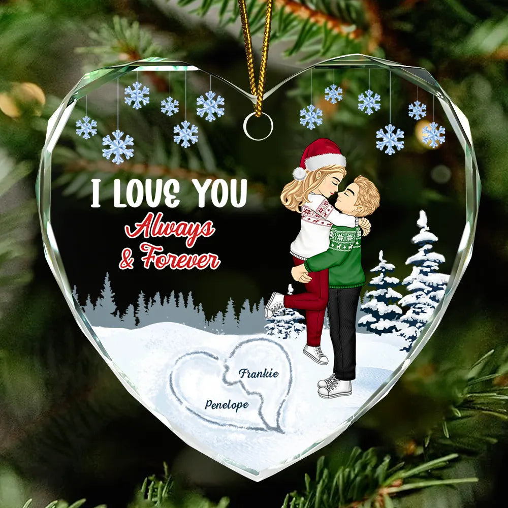 Christmas,Gift For Couples,Love,Happy,Gift For Women,Gift For Men - I Love You Always & Forever - Personalized Heart Shaped Glass Ornament